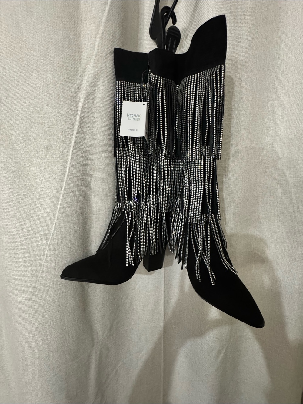 Forever 21 Black Suede Knee Boots with Crystal Fringe